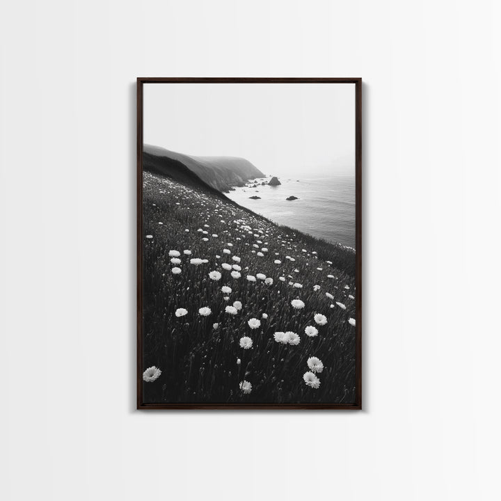 Daisy Cliffside Bloom, Coastal Flowers, Peaceful Nature Scene, Framed Canvas Print, Bedroom Wall Art, Botanical Decor, Minimalist Style