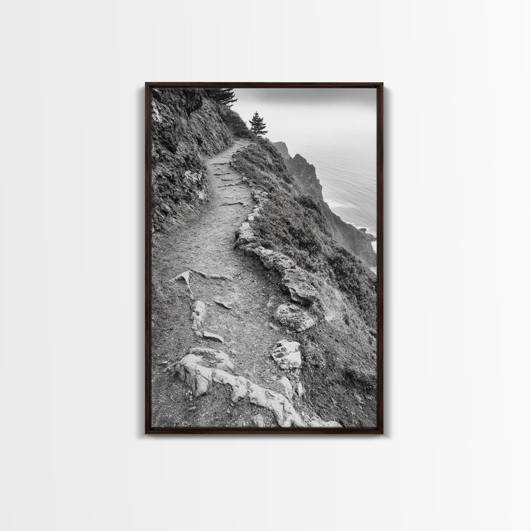 Rocky Cliff Trail, Coastal Hiking, Rugged Landscape, Nature Adventure Art, Framed Canvas Print, Cabin Wall Decor, Black and White Aesthetic