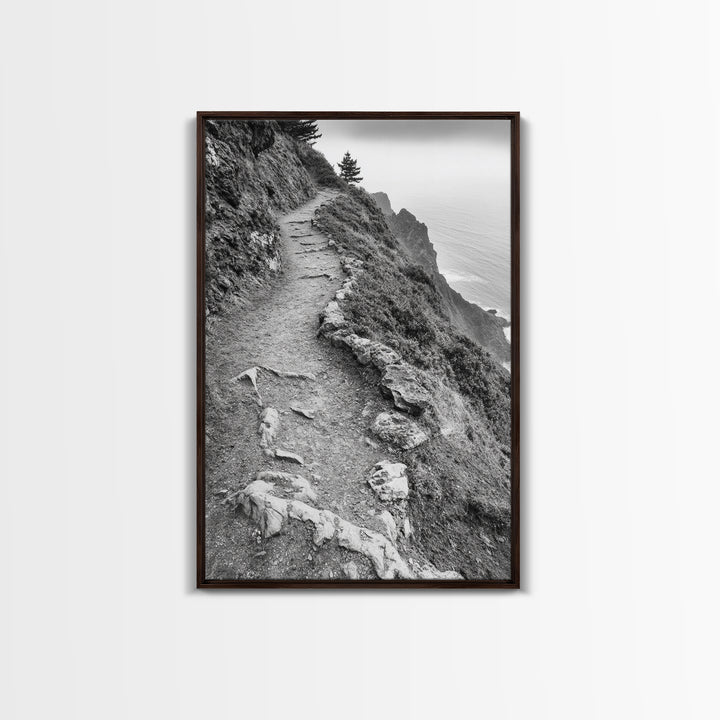 Rocky Cliff Trail, Coastal Hiking, Rugged Landscape, Nature Adventure Art, Framed Canvas Print, Cabin Wall Decor, Black and White Aesthetic