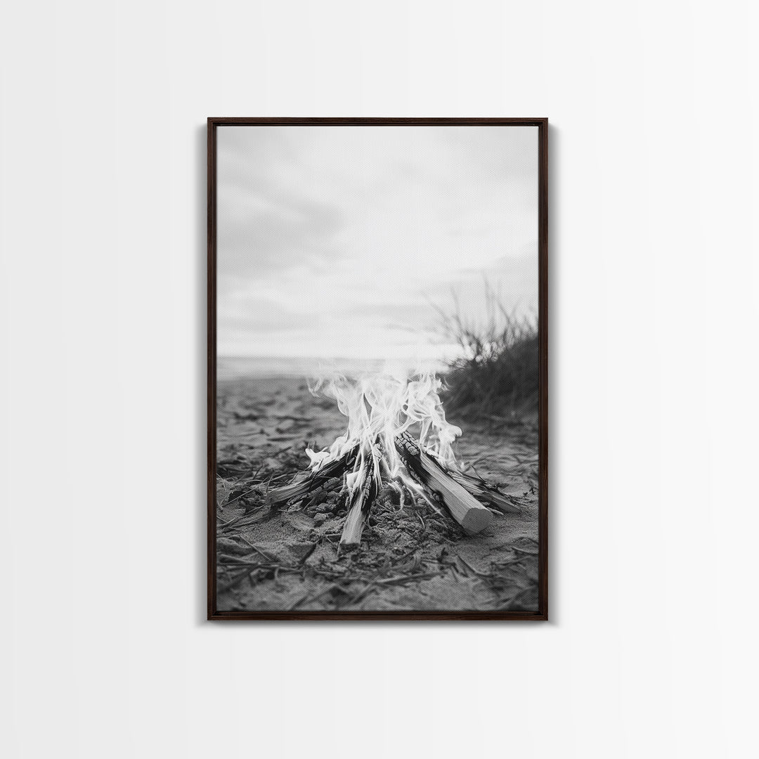 Campfire, Beach, Smoke, Glow - Cozy outdoor scene with flickering flame, Canvas Print, perfect rustic cabin or camping decor, Autumn Wall Art