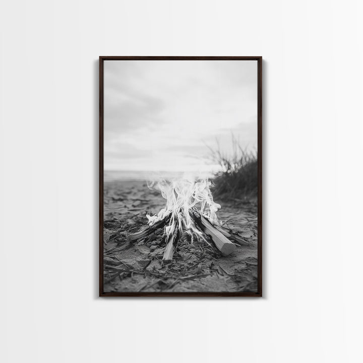 Campfire, Beach, Smoke, Glow - Cozy outdoor scene with flickering flame, Canvas Print, perfect rustic cabin or camping decor, Autumn Wall Art