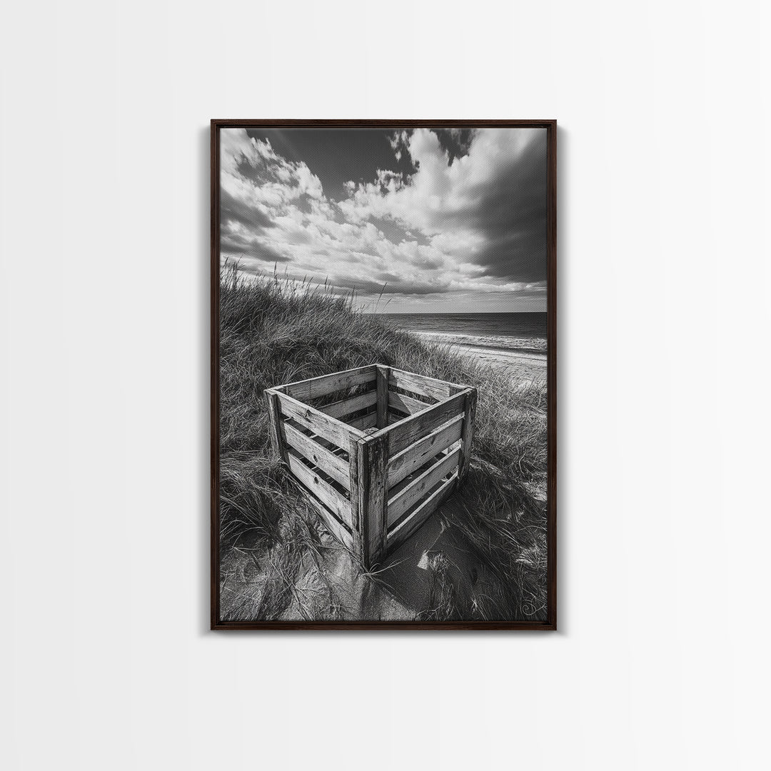 Weathered Crate, Ocean Dunes, Coastal Photography, Canvas Print, Beach House Wall Art, Minimalist Rustic Decor, Bathroom Wall Art