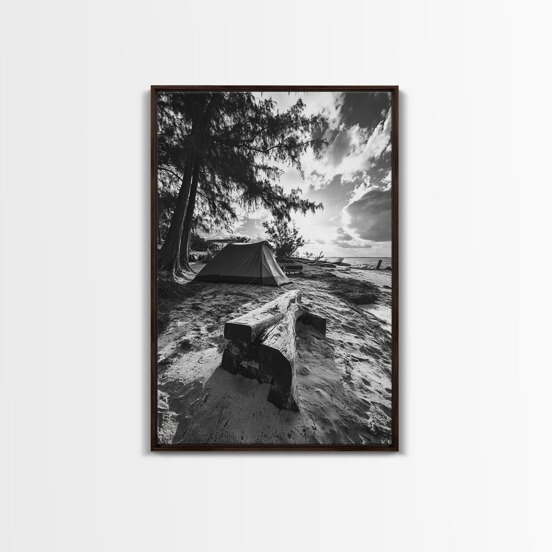 Tent, Beach, Sunset, Trees - Rustic camping coastal escape vibe, Framed Canvas Print, ideal bedroom or adventure nursery decor, outdoor art