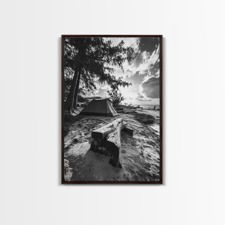 Tent, Beach, Sunset, Trees - Rustic camping coastal escape vibe, Framed Canvas Print, ideal bedroom or adventure nursery decor, outdoor art
