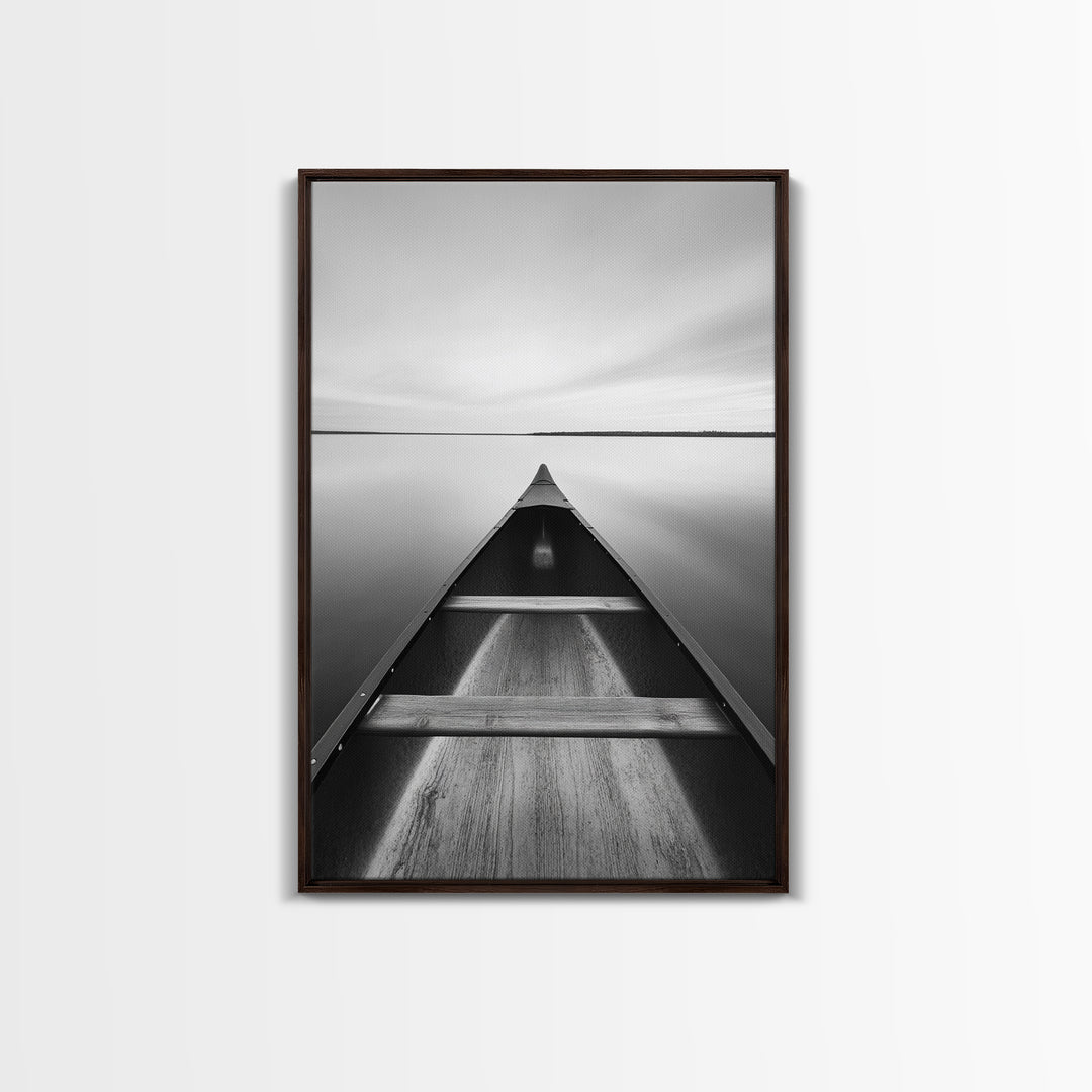 Canoe, Lake, Calm, Horizon - Minimalist lake paddle scene, Framed Canvas Print, peaceful home office art, Scandinavian decor, wilderness print