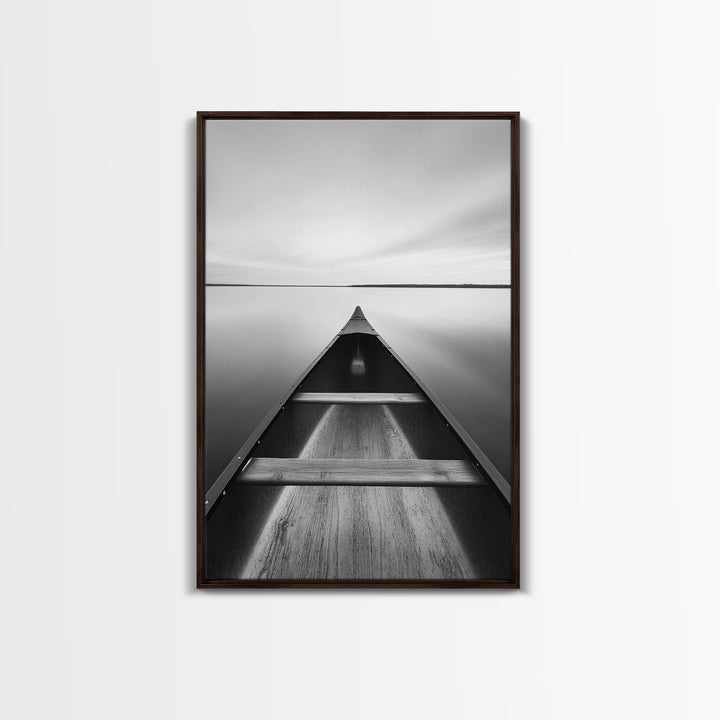 Canoe, Lake, Calm, Horizon - Minimalist lake paddle scene, Framed Canvas Print, peaceful home office art, Scandinavian decor, wilderness print
