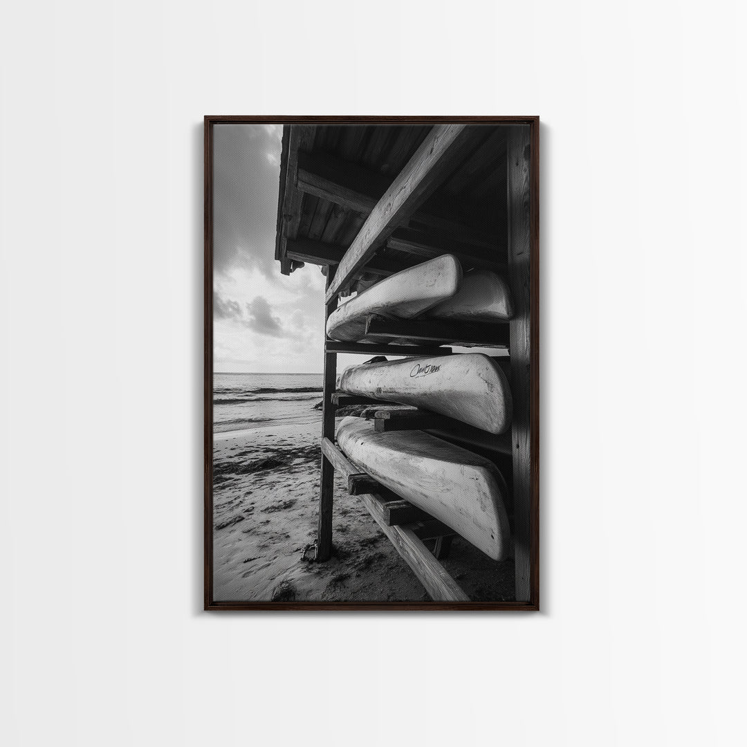 Canoes, Rack, Ocean, Shelter - Surf shack vibes with coastal canoe stack, Framed Canvas Print, great beach house or boho hallway art, grayscale