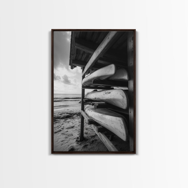 Canoes, Rack, Ocean, Shelter - Surf shack vibes with coastal canoe stack, Framed Canvas Print, great beach house or boho hallway art, grayscale