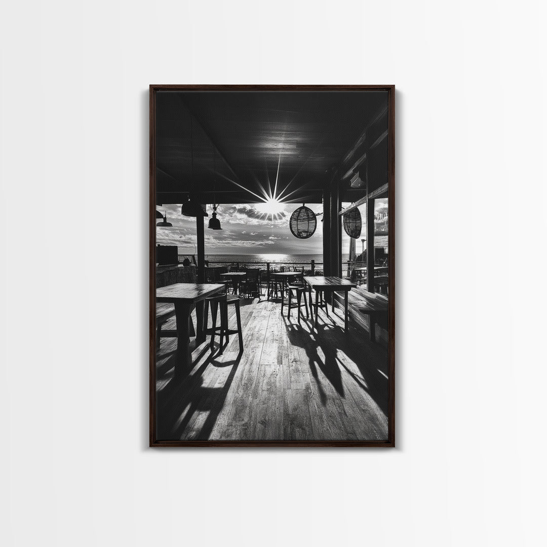 Ocean, Deck, Sunset, Rays - Golden hour beach bar shadows, Canvas Print, perfect dining room or kitchen wall art, rustic coastal decor
