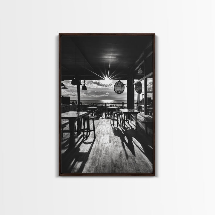Ocean, Deck, Sunset, Rays - Golden hour beach bar shadows, Canvas Print, perfect dining room or kitchen wall art, rustic coastal decor