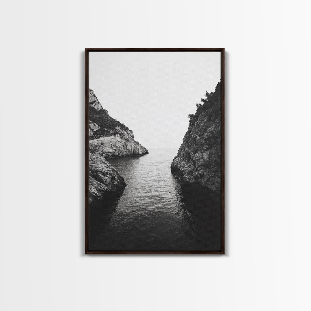 Cliffs, Ocean, Channel, Serenity - Dramatic rocky inlet view, Framed Canvas Print, ideal bathroom or hallway wall art, nature lover minimalist