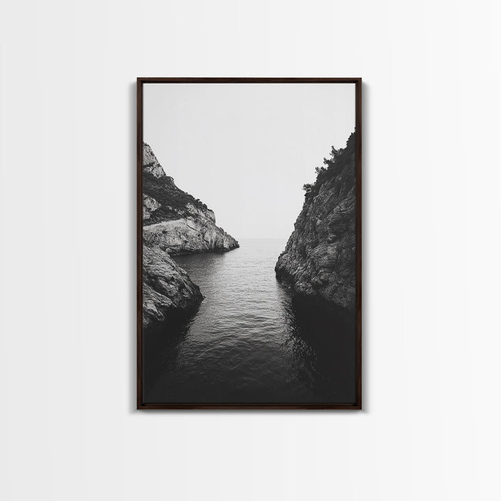 Cliffs, Ocean, Channel, Serenity - Dramatic rocky inlet view, Framed Canvas Print, ideal bathroom or hallway wall art, nature lover minimalist