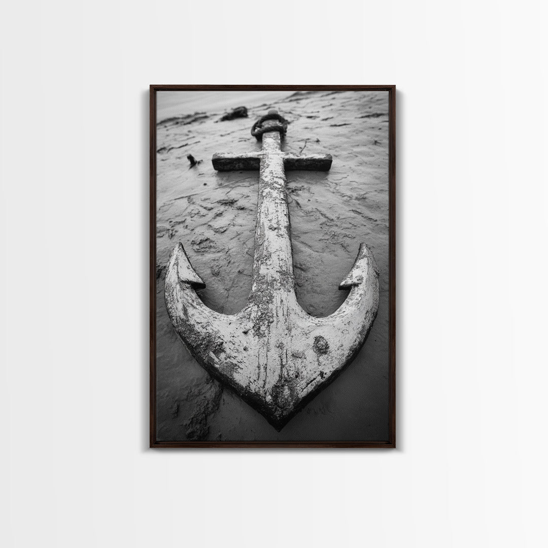 Abandoned Anchor, Nautical Decor, Black White Beach, Framed Canvas Print, Rustic Coastal Wall Art, Entryway Nautical Accent