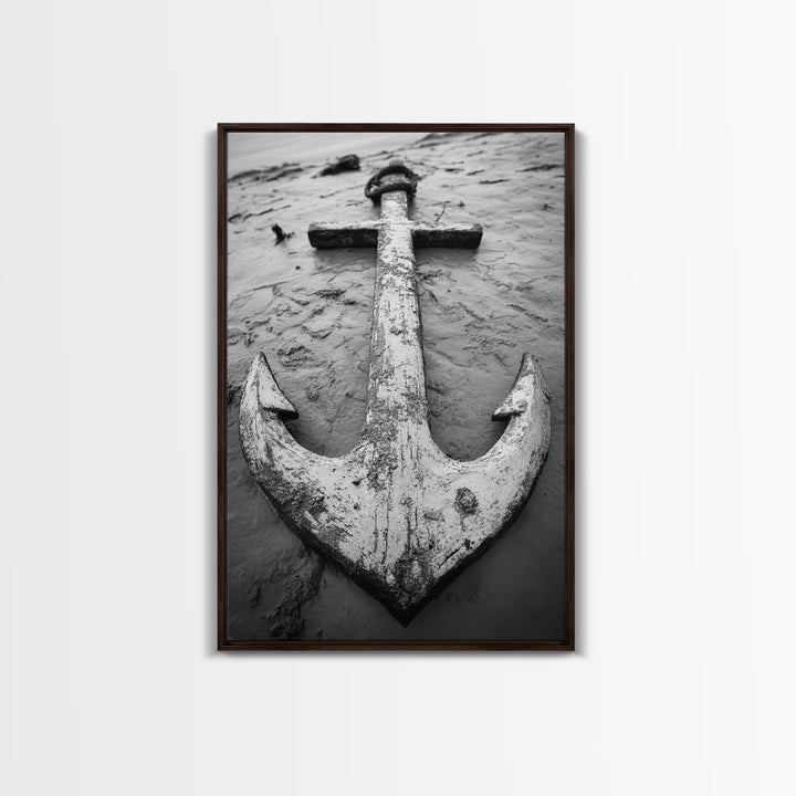 Abandoned Anchor, Nautical Decor, Black White Beach, Framed Canvas Print, Rustic Coastal Wall Art, Entryway Nautical Accent