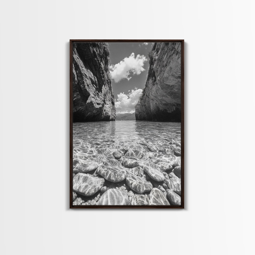 Clear Waterscape, Rocky Shoreline, Tropical Escape, Nature Photography, Framed Canvas Print, Beach House Coastal Wall Art