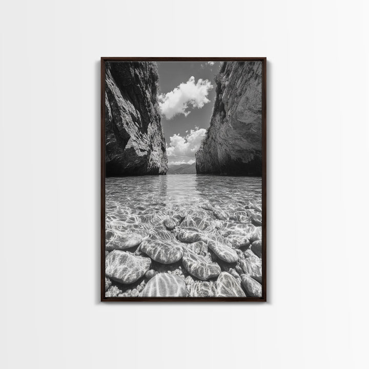 Clear Waterscape, Rocky Shoreline, Tropical Escape, Nature Photography, Framed Canvas Print, Beach House Coastal Wall Art