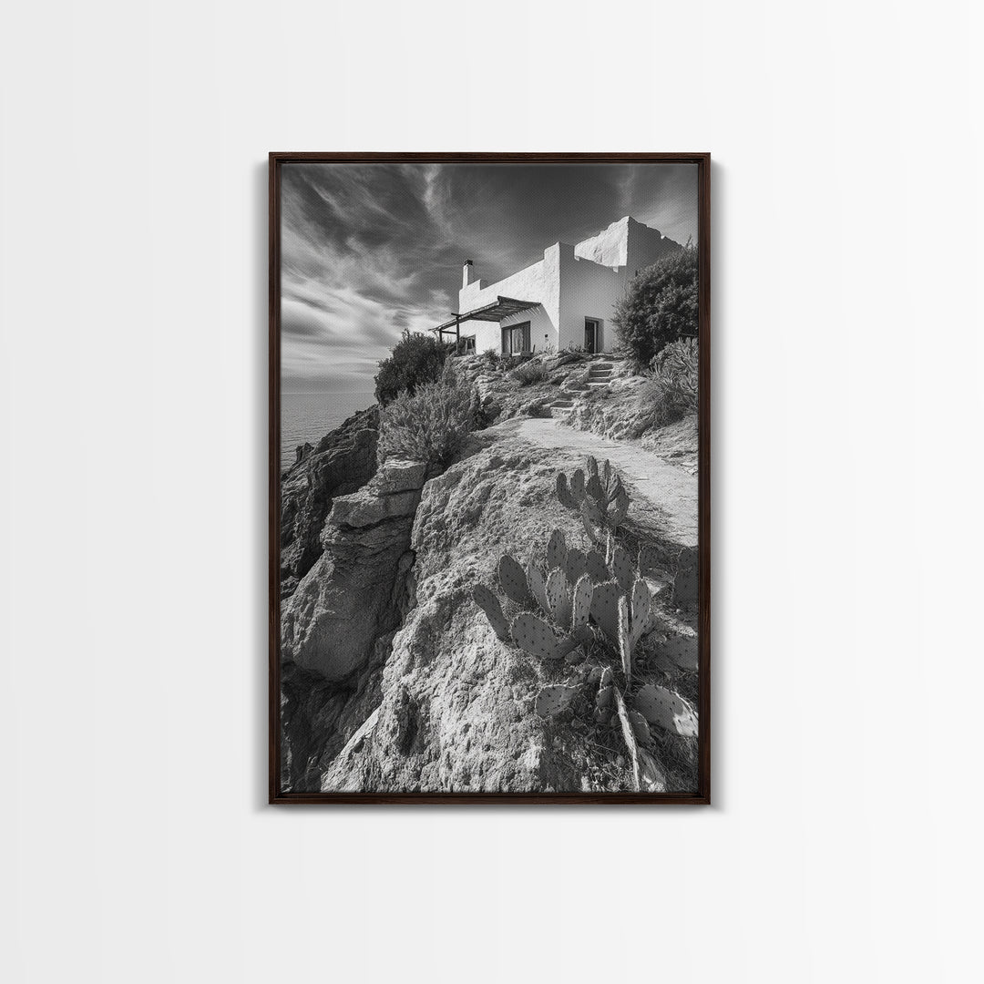 Cliffside Villa, Mediterranean Home, Desert Garden, Rustic Landscape Print, Framed Canvas Print, Modern Boho Living Room Art