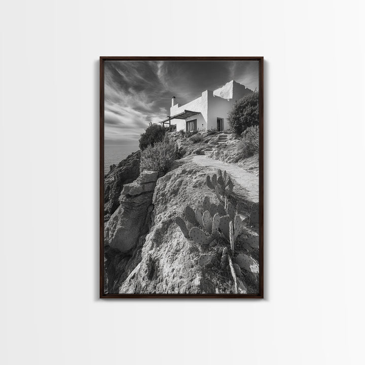 Cliffside Villa, Mediterranean Home, Desert Garden, Rustic Landscape Print, Framed Canvas Print, Modern Boho Living Room Art