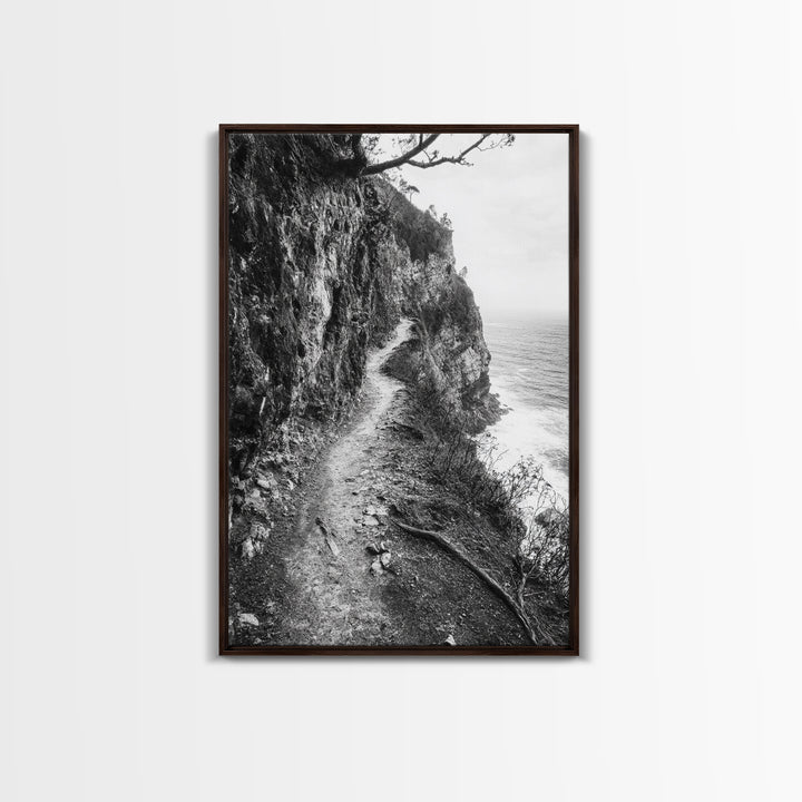 Cliffside Trail, Seaside Path, Coastal Adventure, Outdoor Photography, Framed Canvas Print, Cabin Nature Lover Wall Art, Bedroom Wall Art