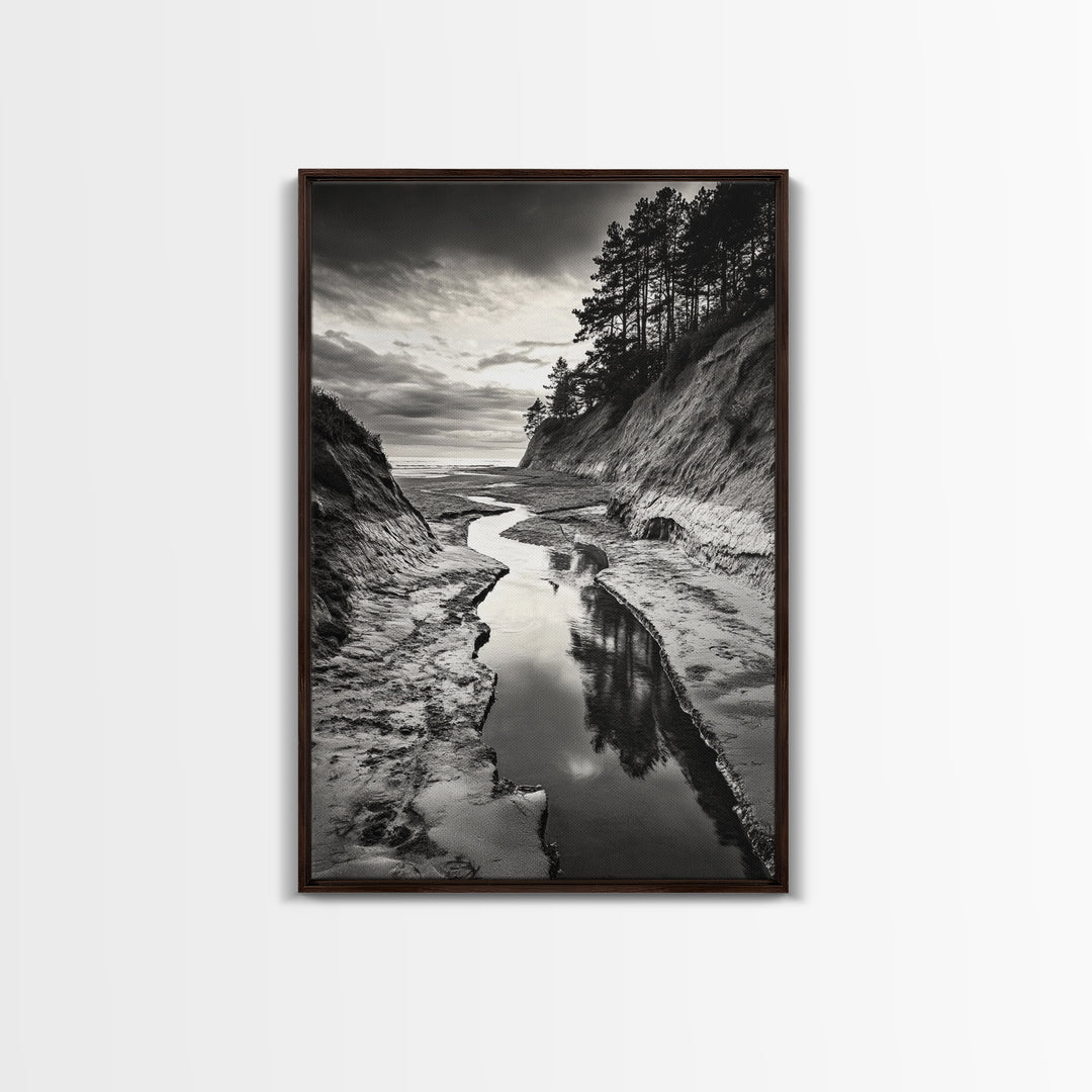 River Canyon, Dramatic Sky, Nature Pathway, Canvas Print, Adventure Wall Art, Cabin Decor, Black White Landscape Photography