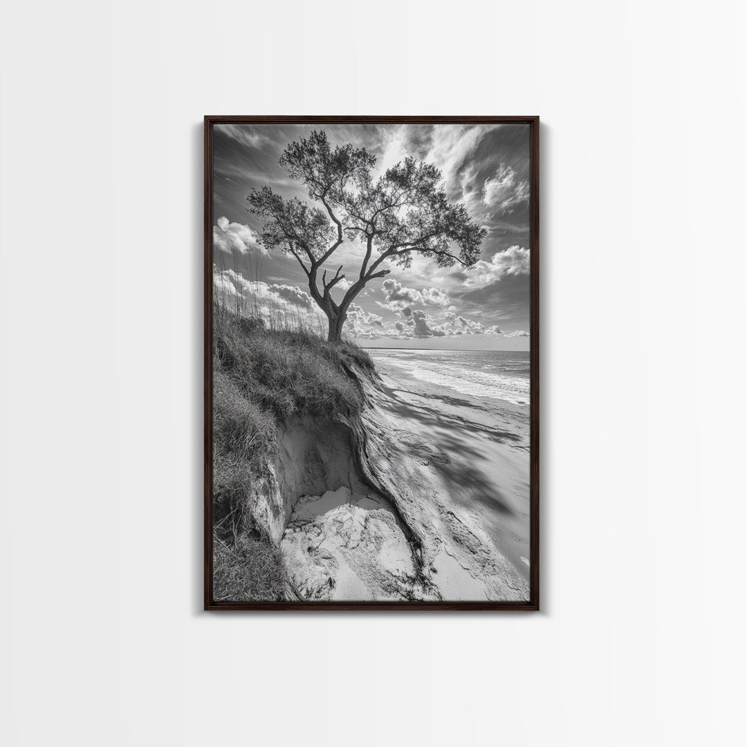 Coastal Tree Scene, Wind Swept Dune, Ocean Beach Horizon, Autumn Coastal Wall Art, Framed Canvas Print, Nature Lover Home Decor