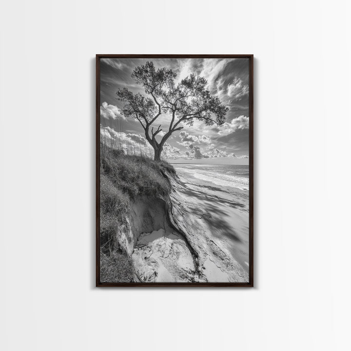 Coastal Tree Scene, Wind Swept Dune, Ocean Beach Horizon, Autumn Coastal Wall Art, Framed Canvas Print, Nature Lover Home Decor