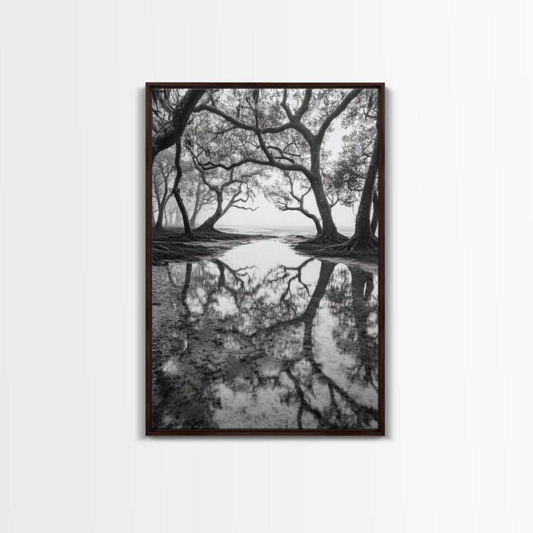 Misty Forest Trees, Reflection Photography, Nature Landscape, Canvas Print, Neutral Tones, Bedroom Wall Decor, Moody Autumn Forest Art