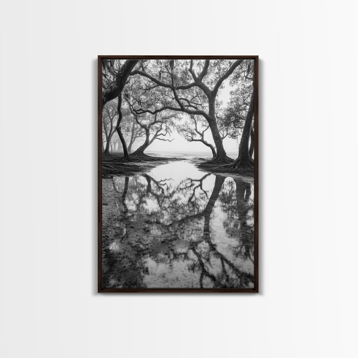 Misty Forest Trees, Reflection Photography, Nature Landscape, Canvas Print, Neutral Tones, Bedroom Wall Decor, Moody Autumn Forest Art