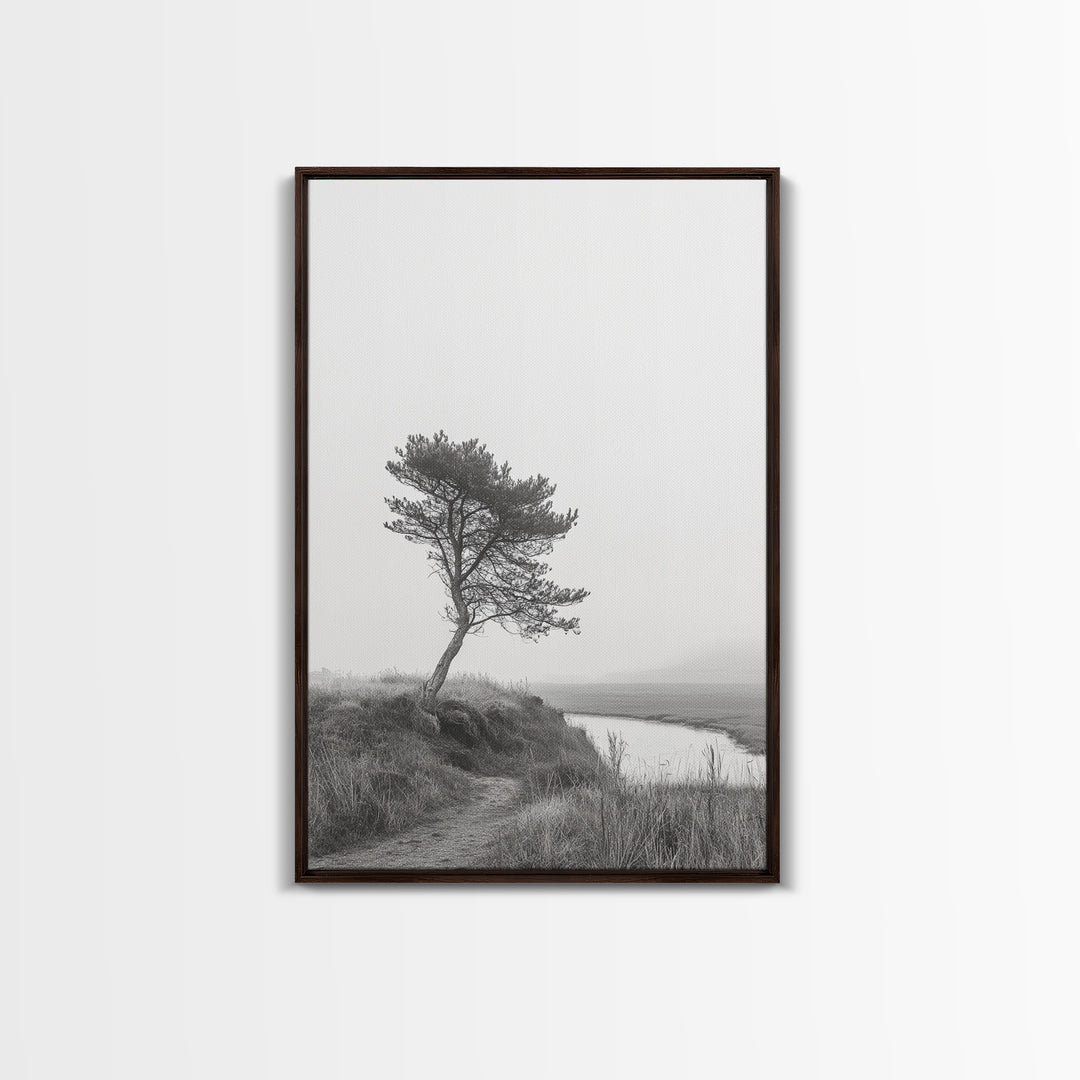 Leaning Tree Path, Soft Fog Scene, Calm Landscape, Canvas Print, Serene Entryway Wall Art, Nature Photography, Minimalist Decor