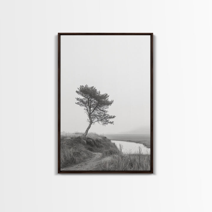 Leaning Tree Path, Soft Fog Scene, Calm Landscape, Canvas Print, Serene Entryway Wall Art, Nature Photography, Minimalist Decor