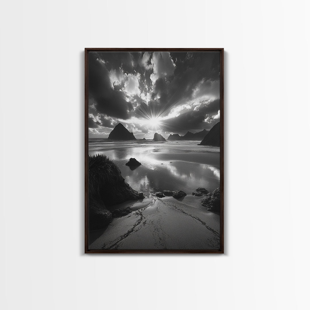 Dramatic Ocean Sunset, Coastal Mountains, Seascape Photography, Canvas Print, Stormy Sky Art, Living Room Focal Wall Decor
