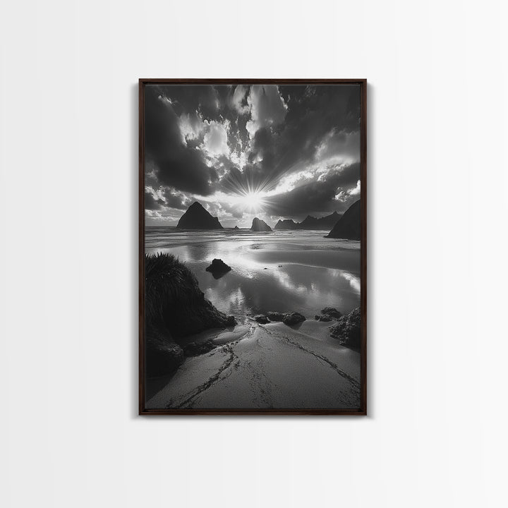 Dramatic Ocean Sunset, Coastal Mountains, Seascape Photography, Canvas Print, Stormy Sky Art, Living Room Focal Wall Decor