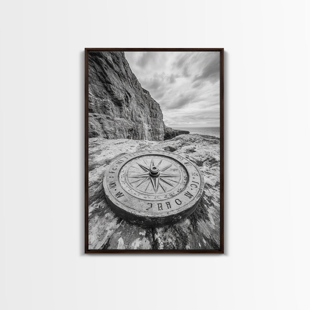 Compass On Cliff, Adventure Travel Art, Nautical Wall Decor, Framed Canvas Print, Rustic Office Art, Nature Explorer Gift Idea
