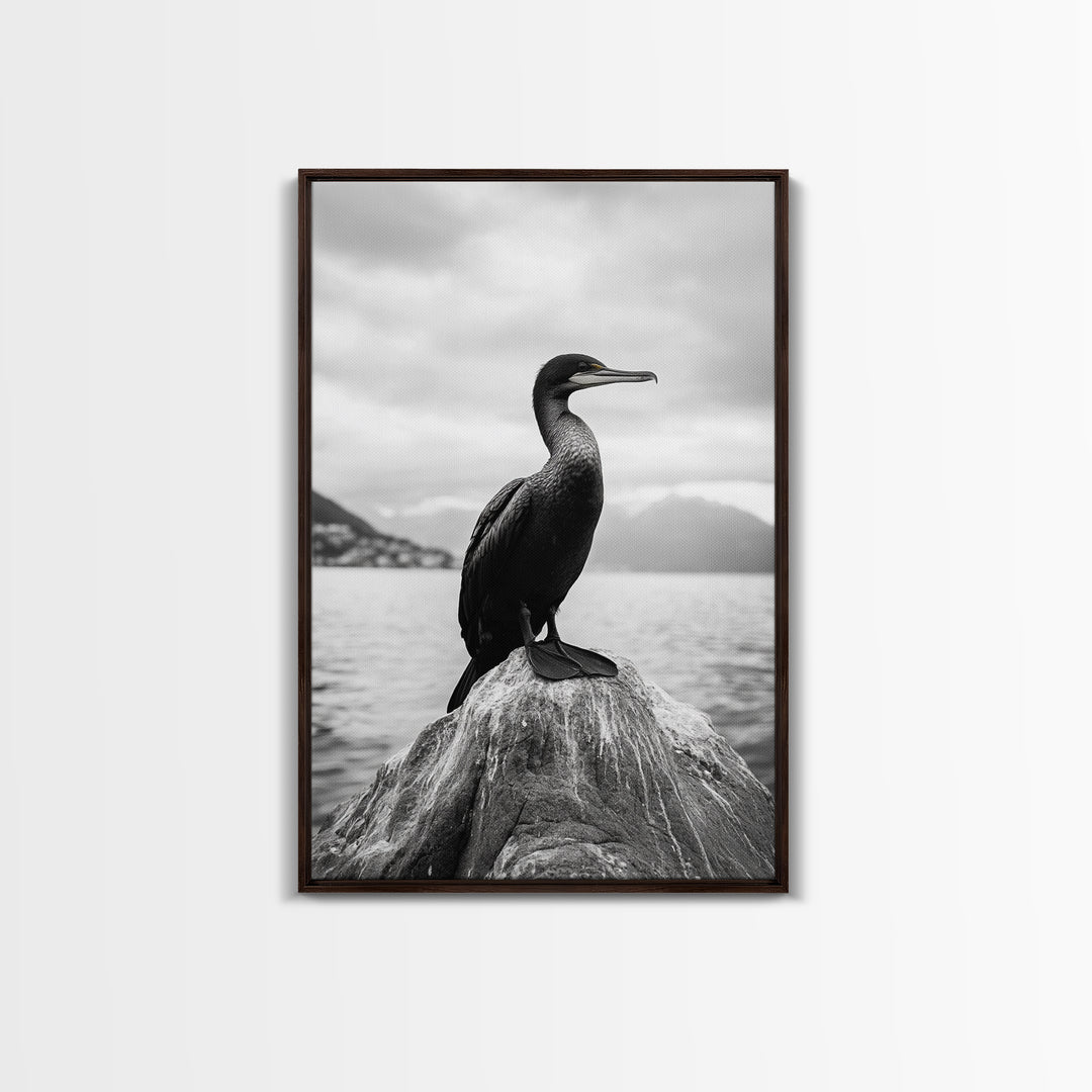 Coastal Bird Portrait, Nature Minimalism, Lake Decor, Monochrome Wildlife, Framed Canvas Print, Bedroom Wall Art, Bird Photography Print