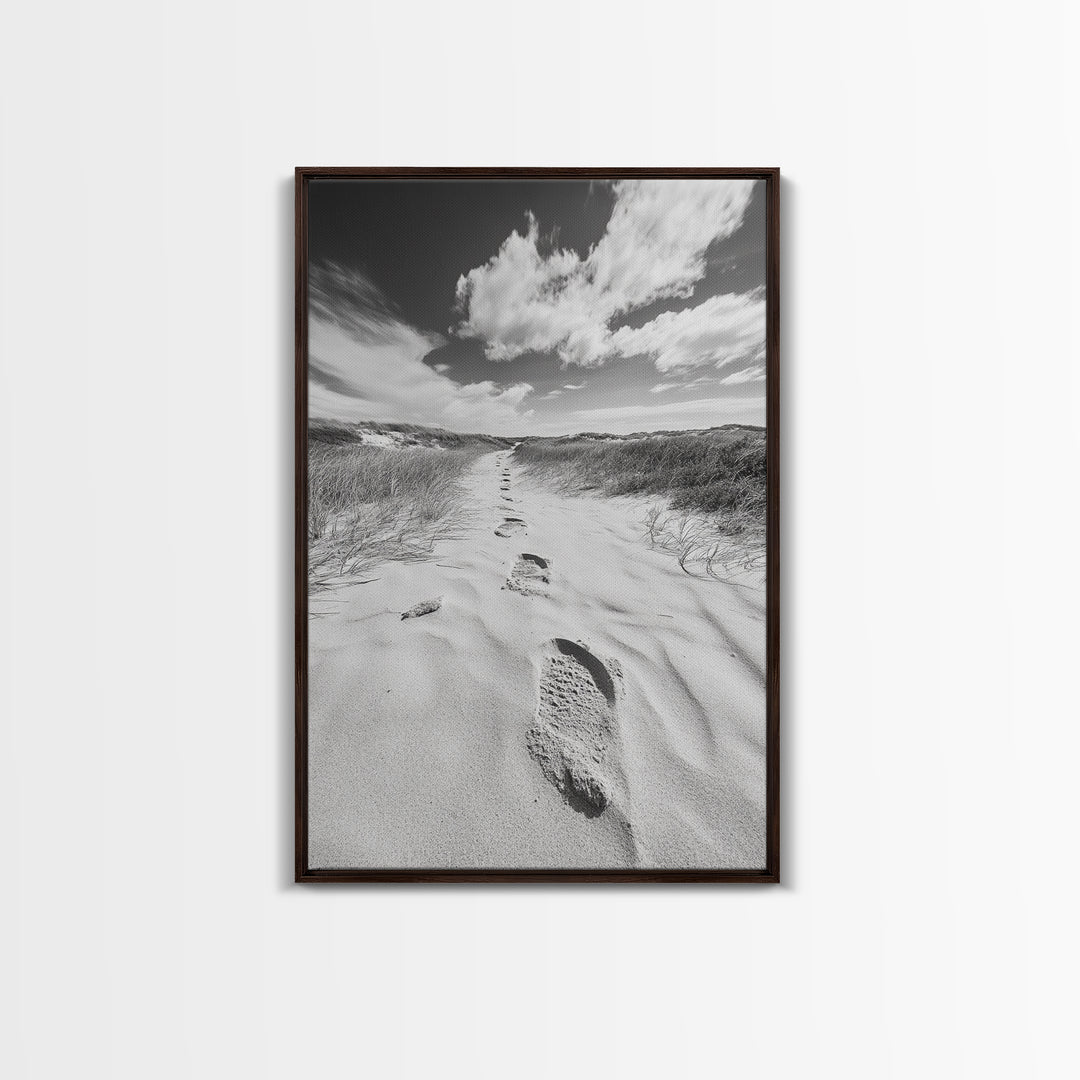 Desert Footprints Path, Dune Art, Wanderlust Vibes, Monochrome Landscape, Framed Canvas Print, Bedroom Wall Decor, Minimalist Travel
