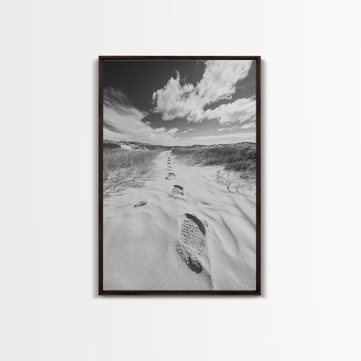 Desert Footprints Path, Dune Art, Wanderlust Vibes, Monochrome Landscape, Framed Canvas Print, Bedroom Wall Decor, Minimalist Travel