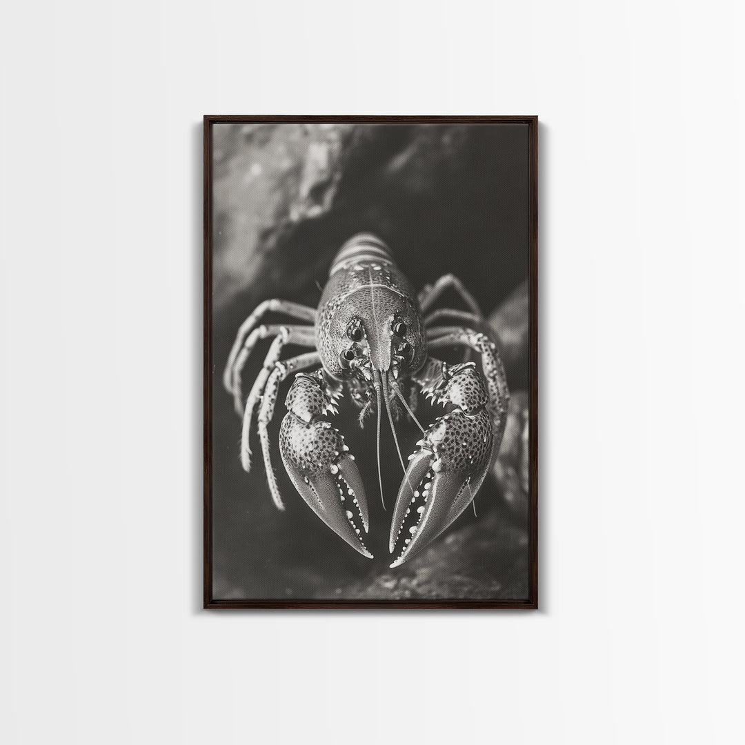 Lobster Close Up, Marine Life Art, Coastal Kitchen Decor, Monochrome Sea Animal, Framed Canvas Print, Ocean Wall Art, Nautical Print