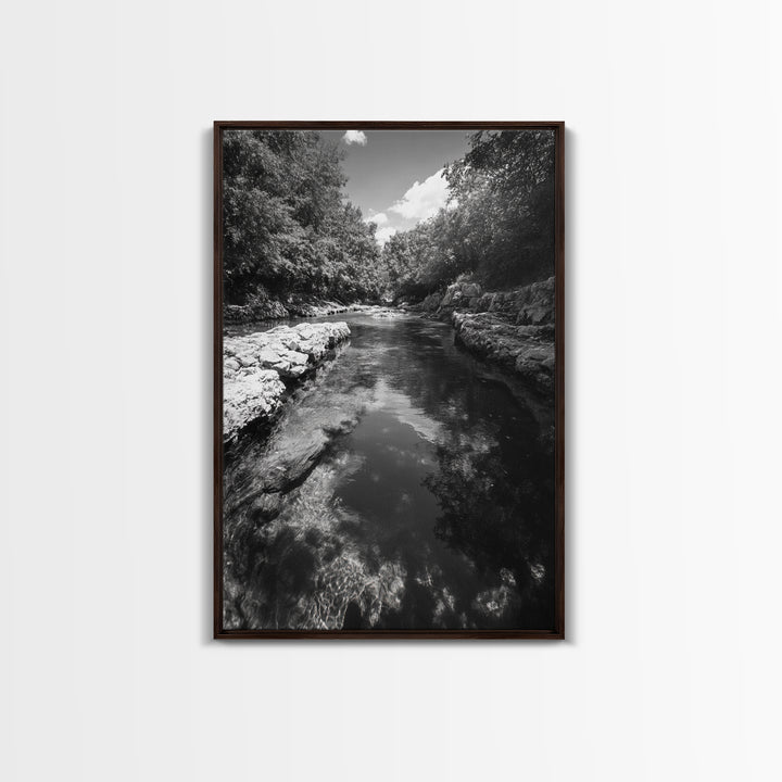 River Reflection, Nature Calm, Forest Stream, Canvas Print, Black and White Landscape Wall Art, Rustic Bathroom Decor, Tranquil Home Vibe