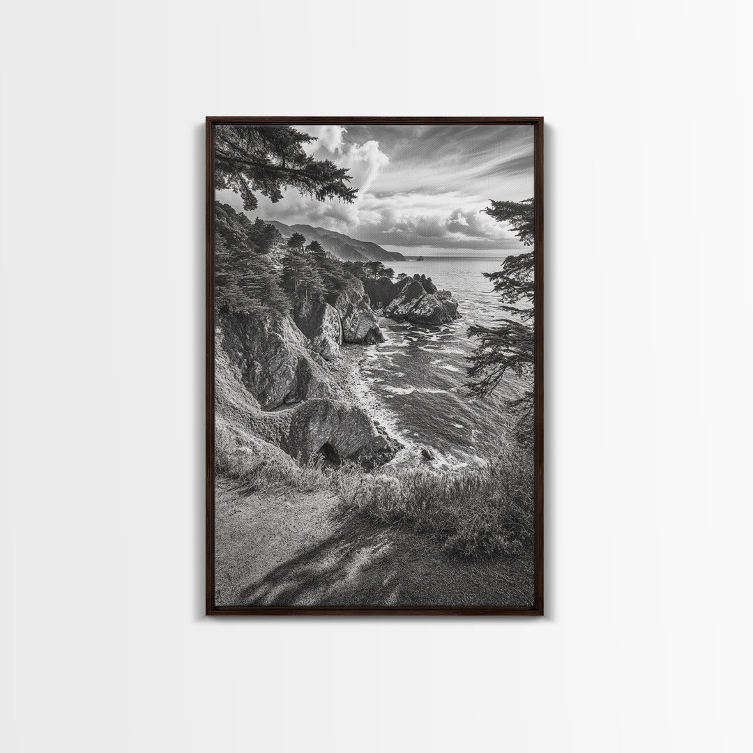 Coastal Cliff, Ocean View, Rocky Shoreline, Framed Canvas Print, Black and White Art, Coastal Living Wall Decor, Nature Landscape Art