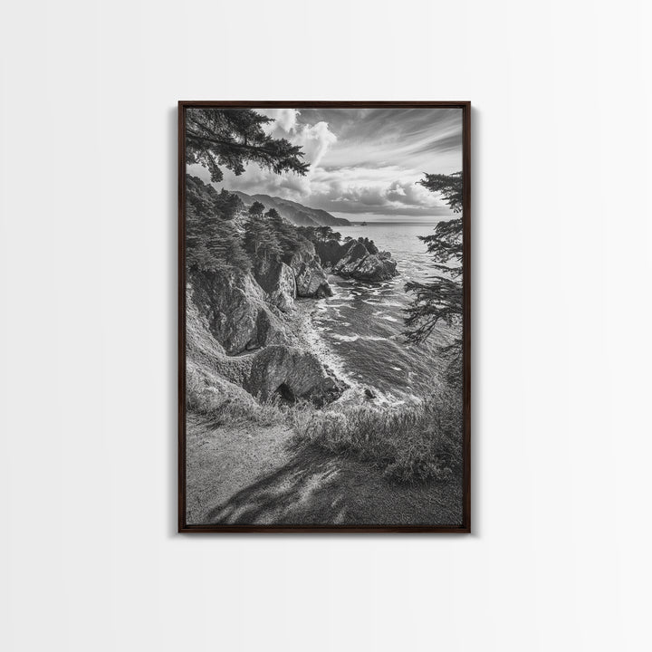 Coastal Cliff, Ocean View, Rocky Shoreline, Framed Canvas Print, Black and White Art, Coastal Living Wall Decor, Nature Landscape Art