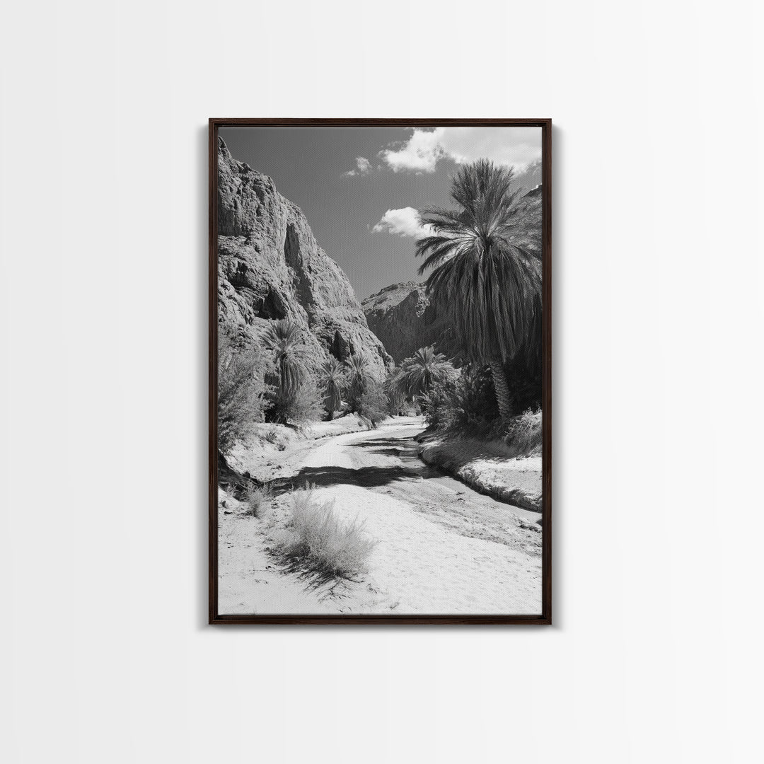 Desert Oasis, Palm Trees, Canyon Trail, Framed Canvas Print, Nature Photography Art, Warm Boho Wall Decor, Rustic Entryway Accent