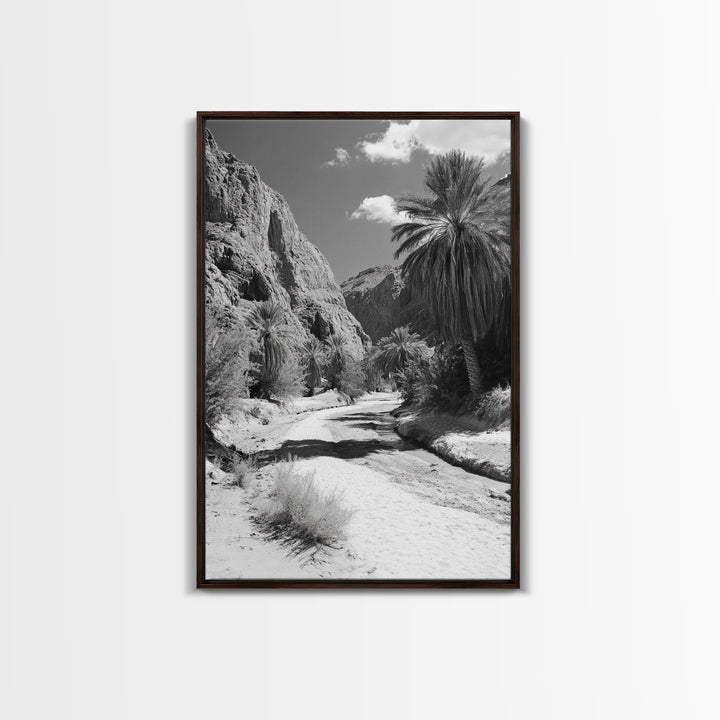 Desert Oasis, Palm Trees, Canyon Trail, Framed Canvas Print, Nature Photography Art, Warm Boho Wall Decor, Rustic Entryway Accent
