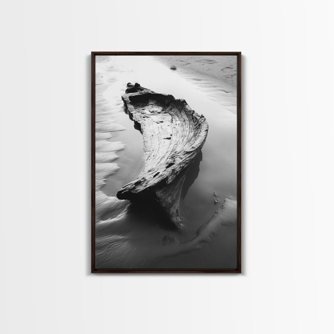 Driftwood Shore, Tidal Beauty, Washed Wood, Canvas Print, Coastal Beach Wall Art, Minimalist Bathroom Decor, Black and White Ocean Scene