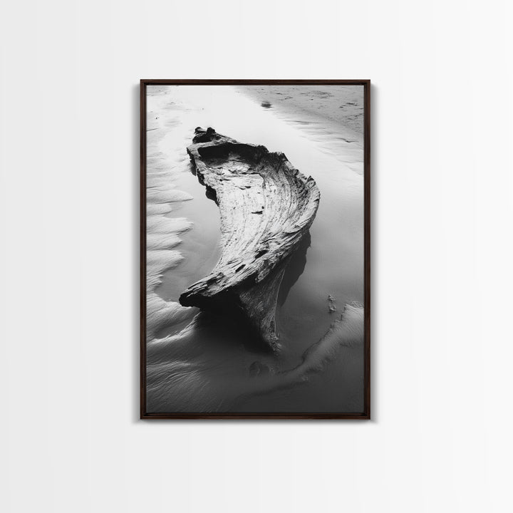 Driftwood Shore, Tidal Beauty, Washed Wood, Canvas Print, Coastal Beach Wall Art, Minimalist Bathroom Decor, Black and White Ocean Scene