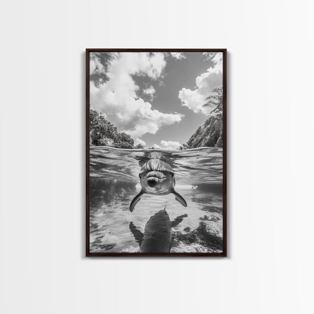 Dolphin Play, Ocean Joy, Underwater View, Canvas Print, Nautical Wall Art, Coastal Bathroom Decor, Playful Beach House Style