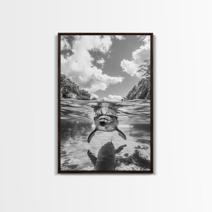 Dolphin Play, Ocean Joy, Underwater View, Canvas Print, Nautical Wall Art, Coastal Bathroom Decor, Playful Beach House Style