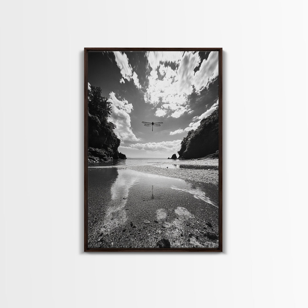 Dragonfly Flight, Beach View, Nature Dream, Framed Canvas Print, Whimsical Wall Art, Surreal Living Room Decor, Black and White Nature Style