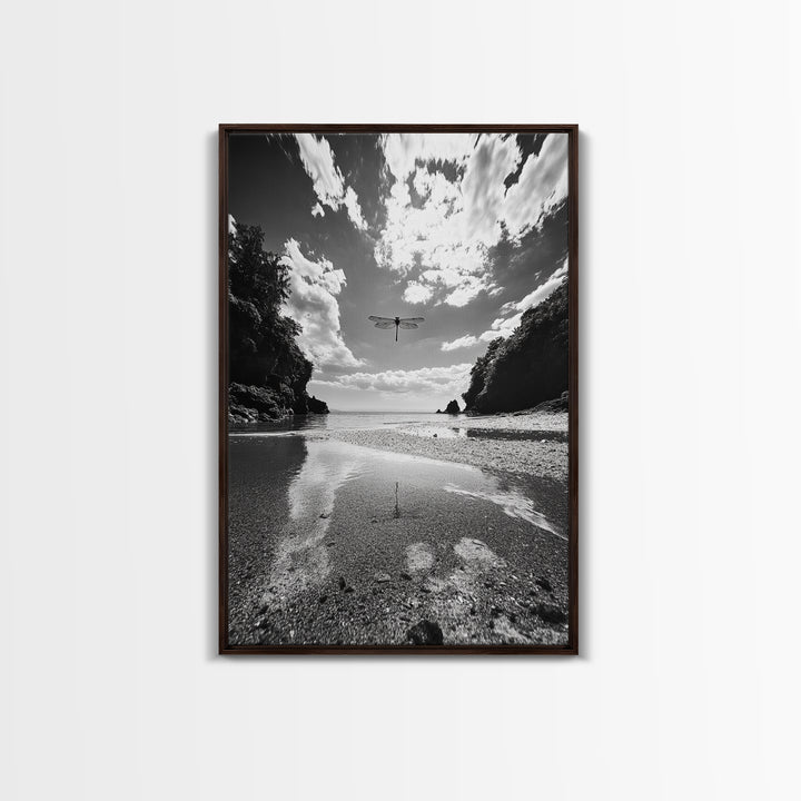 Dragonfly Flight, Beach View, Nature Dream, Framed Canvas Print, Whimsical Wall Art, Surreal Living Room Decor, Black and White Nature Style