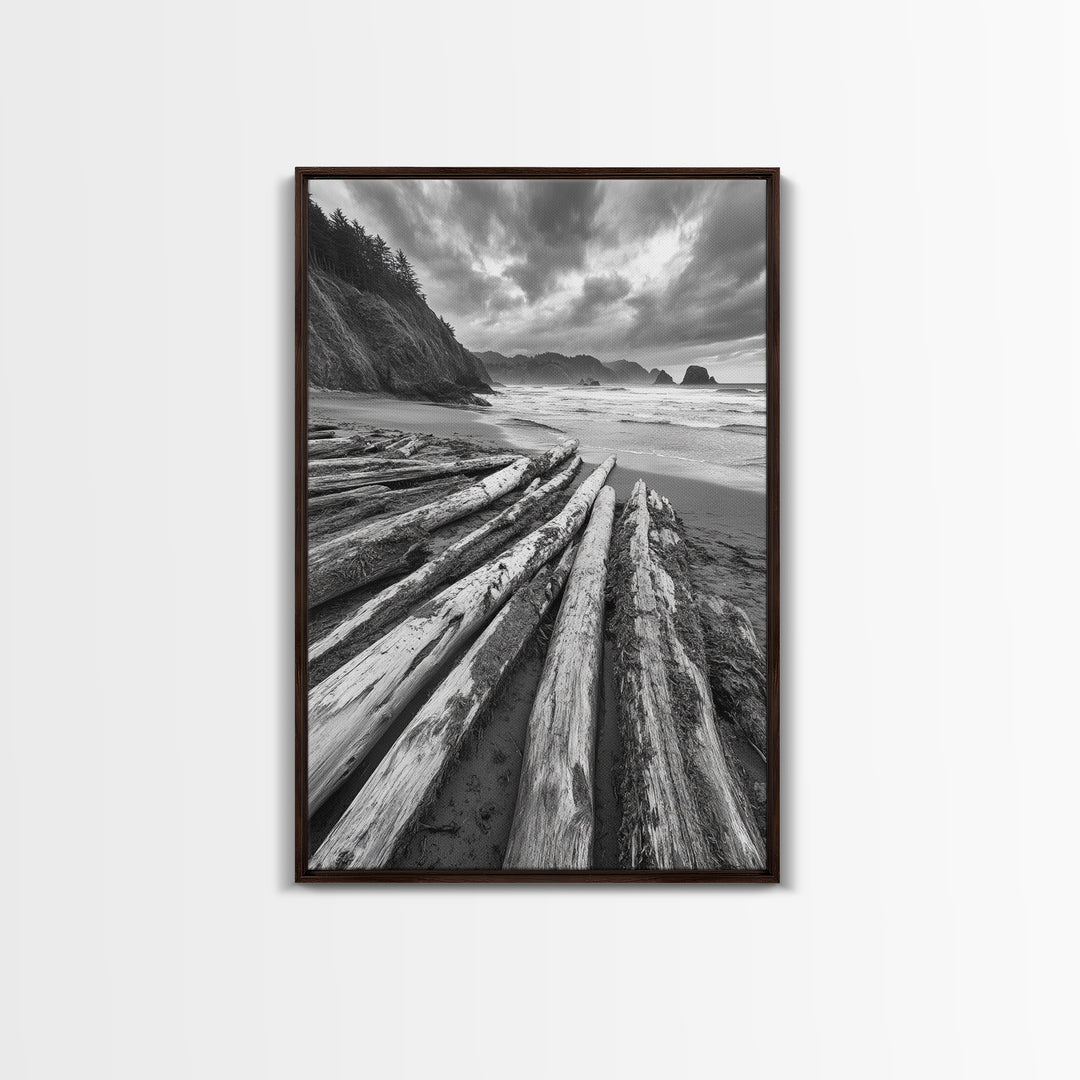 Driftwood Beach, Coastal Logs, Wild Shore, Canvas Print, Rustic Ocean Wall Art, Cabin Bathroom Decor, Nature Inspired Photography