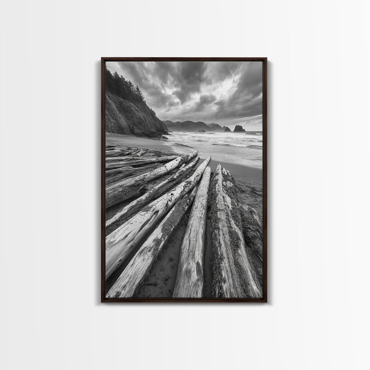 Driftwood Beach, Coastal Logs, Wild Shore, Canvas Print, Rustic Ocean Wall Art, Cabin Bathroom Decor, Nature Inspired Photography